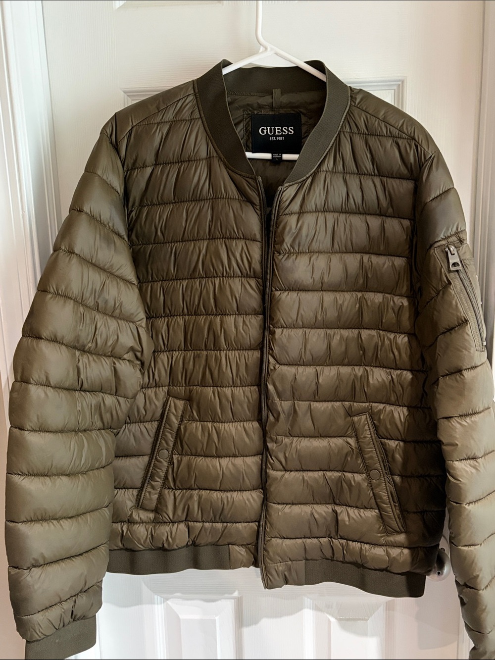 GUESS Quilted Bomber Jacket in Olive Green